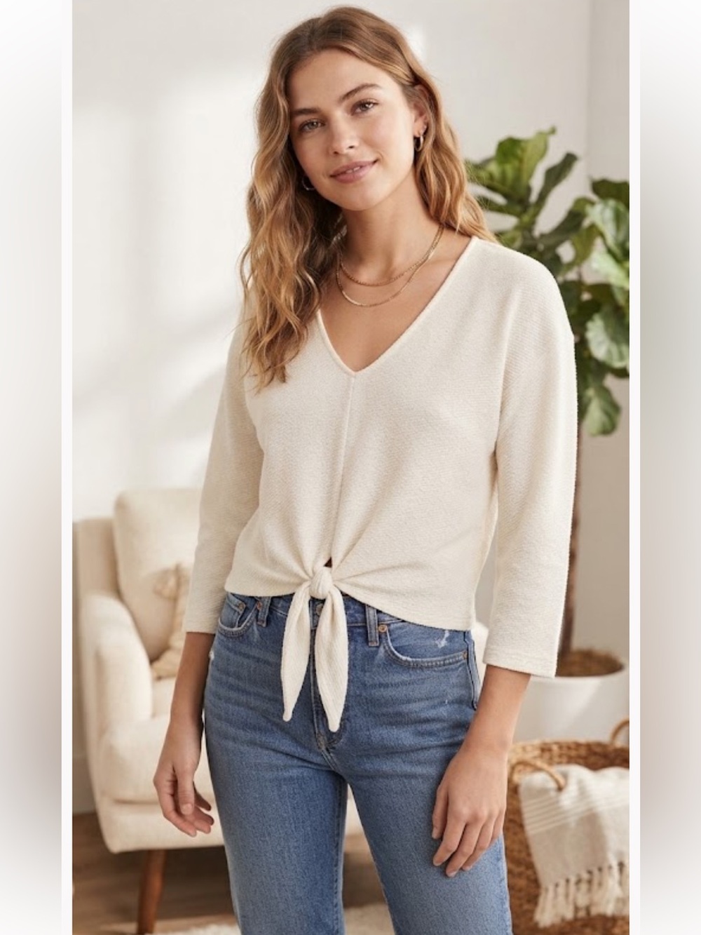 Madewell Cream V-Neck Tie-Front Sweater